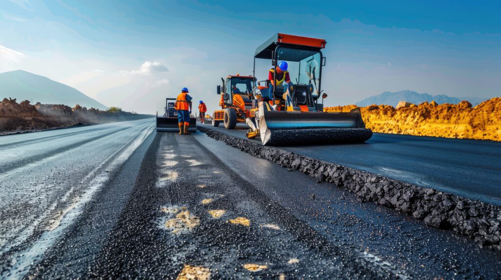 bratory asphalt rollers compactor compacting new asphalt pavement. Road service build a new highway